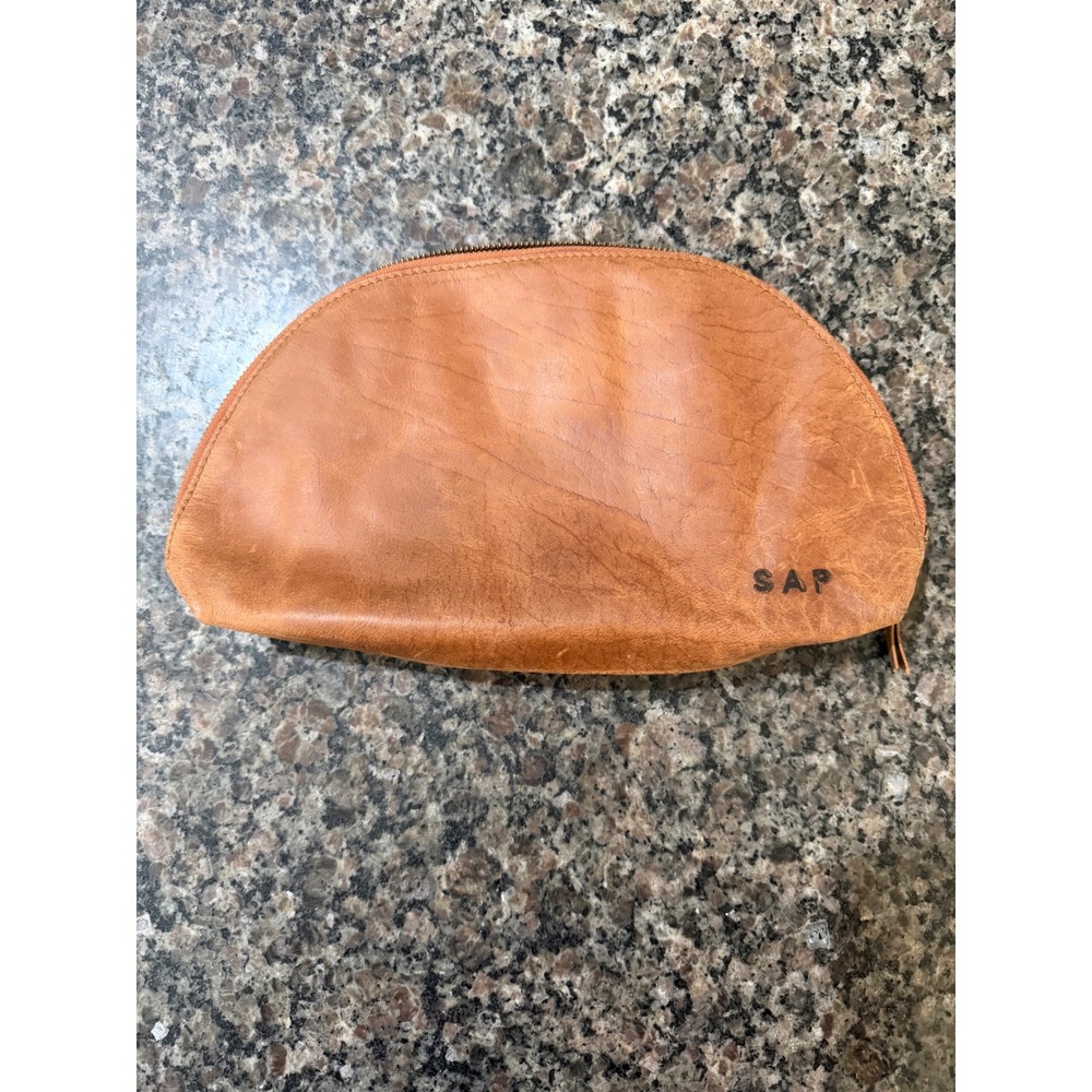Cognac Brown Leather Half Moon Zipper Pouch Travel Cosmetic Bag Monogram SAP